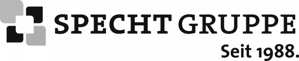Logo der Specht Gruppe mit geometrischen Elementen und Schriftzug Seit 1988.