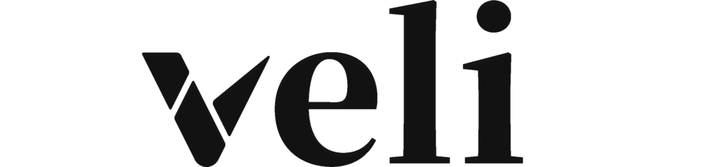 Schwarzes Veli-Logo auf weißem Hintergrund, minimalistisches Design.